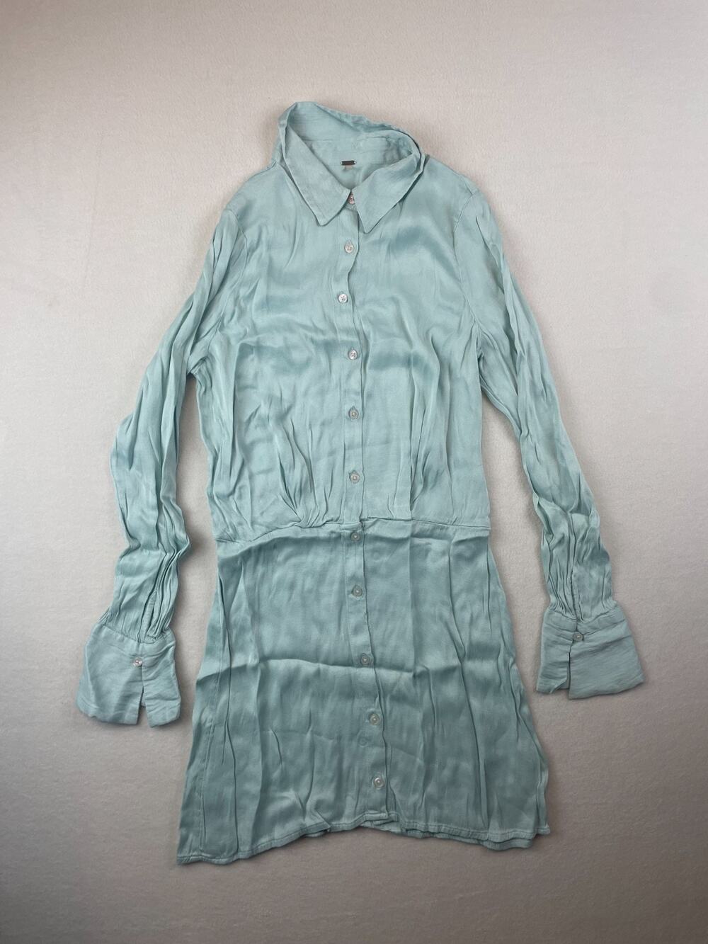Free People Womens Sz S/M Button Front Shirt Satin Light Blue Dress